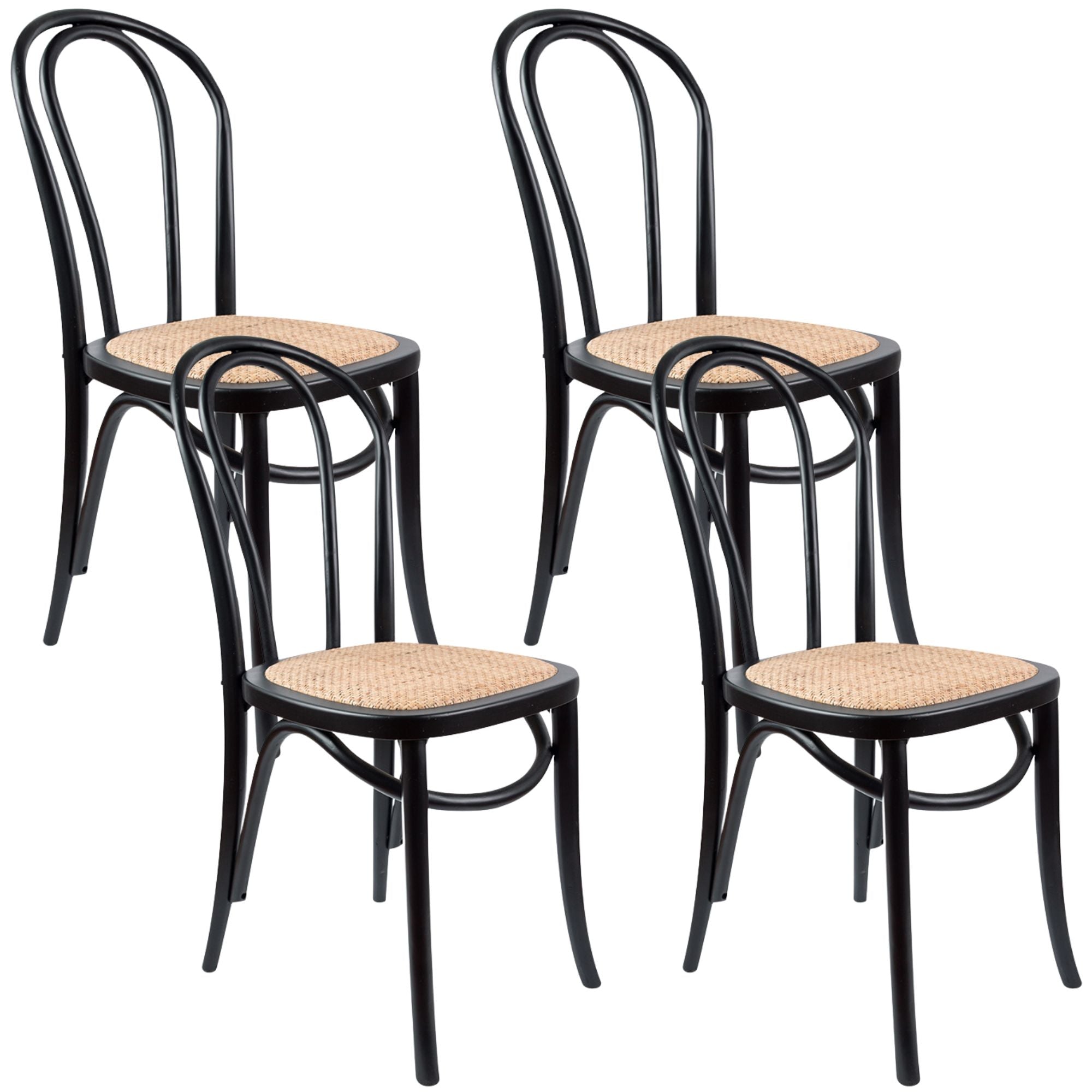 Azalea Arched Back Dining Chair 4 Set Solid Elm Timber Wood Rattan Seat - Black