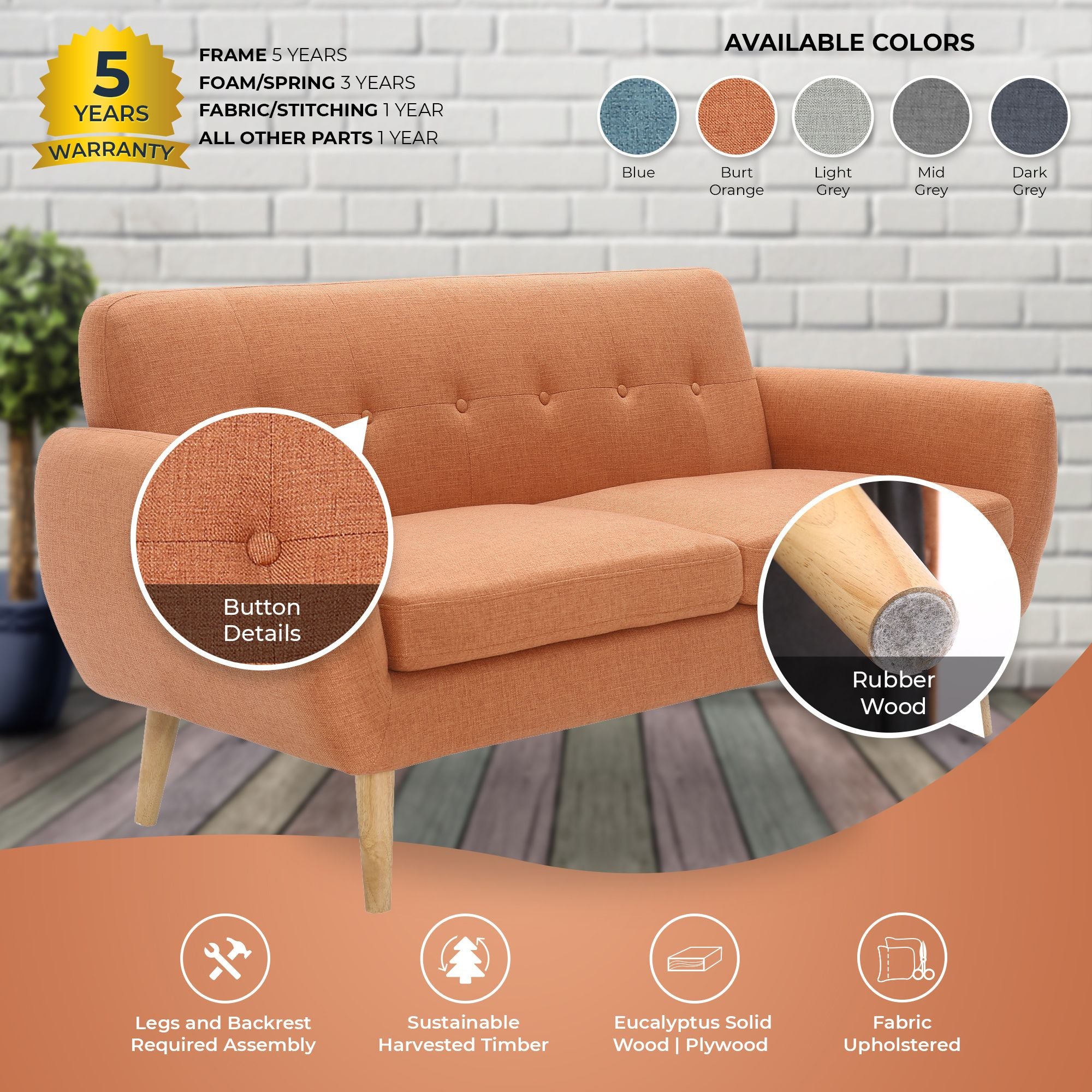 Dane 3 + 1 + 1 Seater Fabric Upholstered Sofa Armchair Lounge Couch - Orange