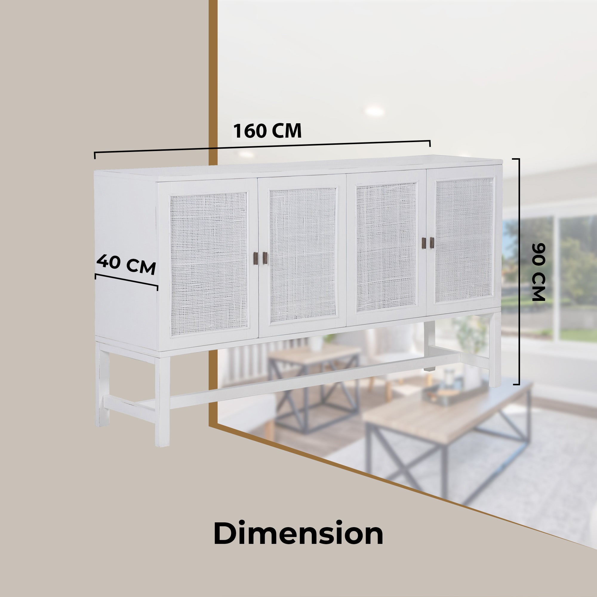 Jasmine Sideboard Buffet Table 160cm 4 Door Mindi Wood Rattan - White