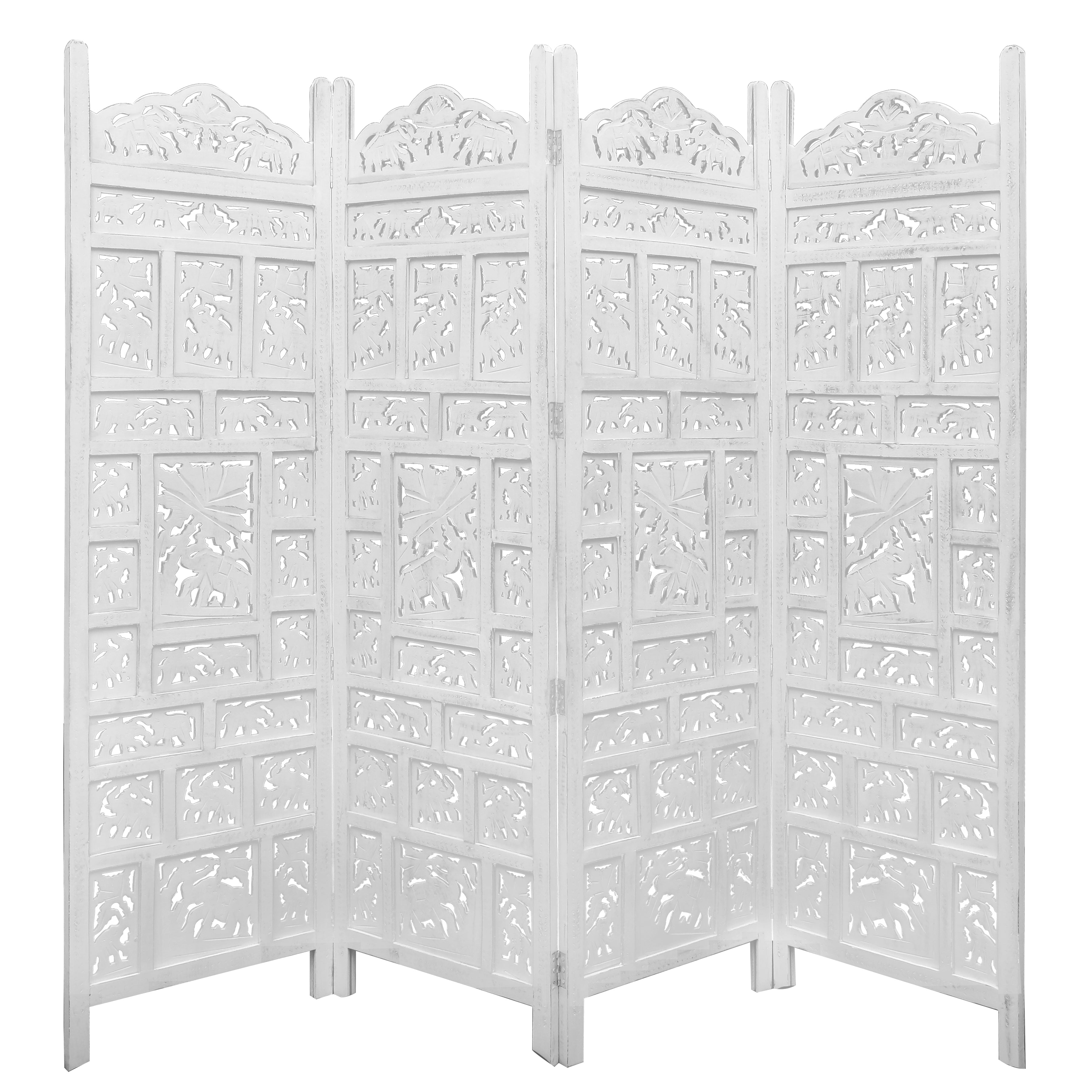 Elephant 4 Panel Room Divider Screen Privacy Shoji Timber Wood Stand - White