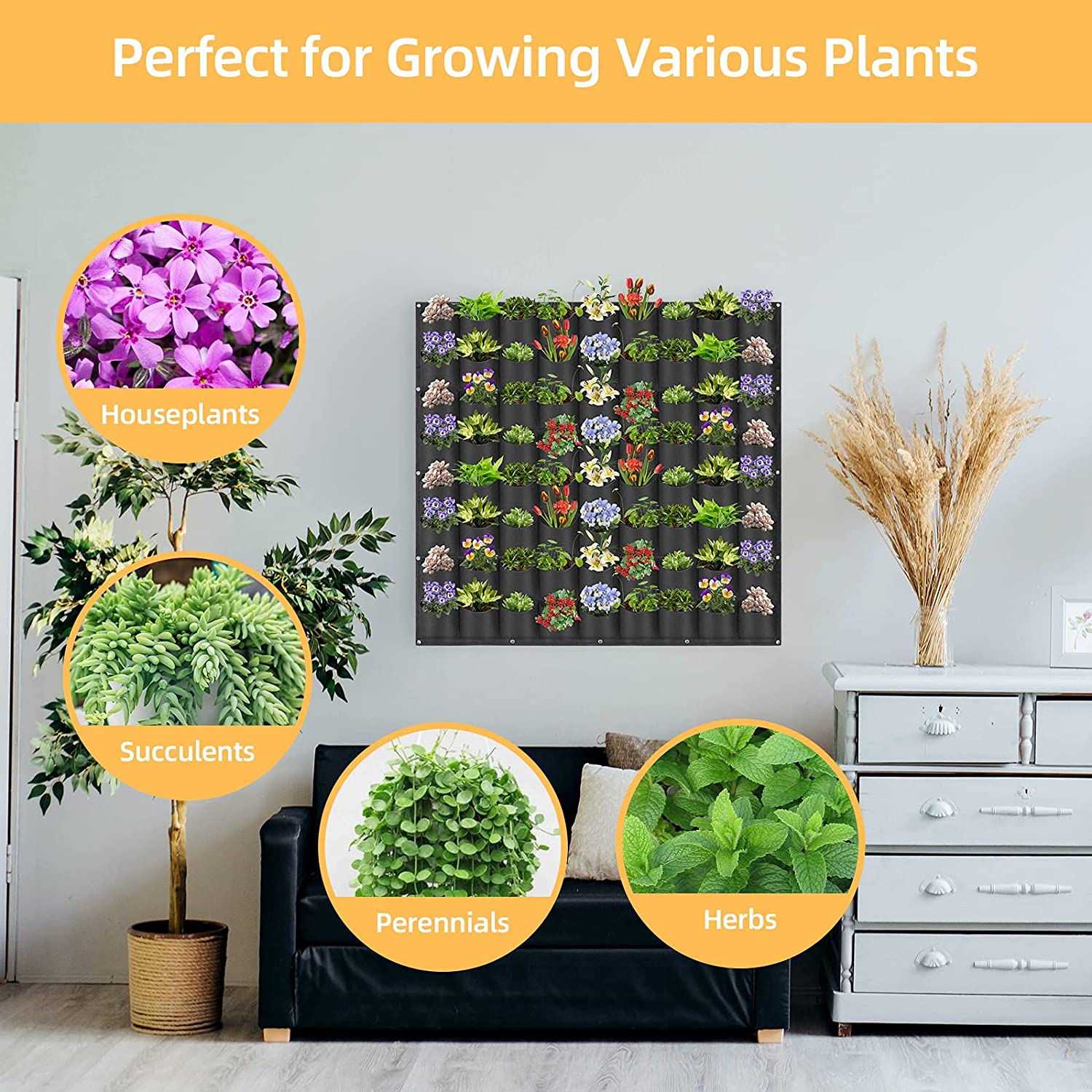 72 Pockets Wall Hanging Planter Planting Grow Bag Vertical Garden Vegetable Flower Black