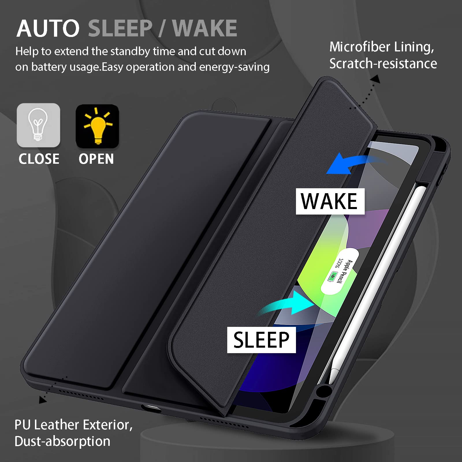 iPad 10th Case 10.9 Inch 2022 with Pencil Holder, Smart iPad Clear Case with Soft TPU Auto Wake Sleep Black