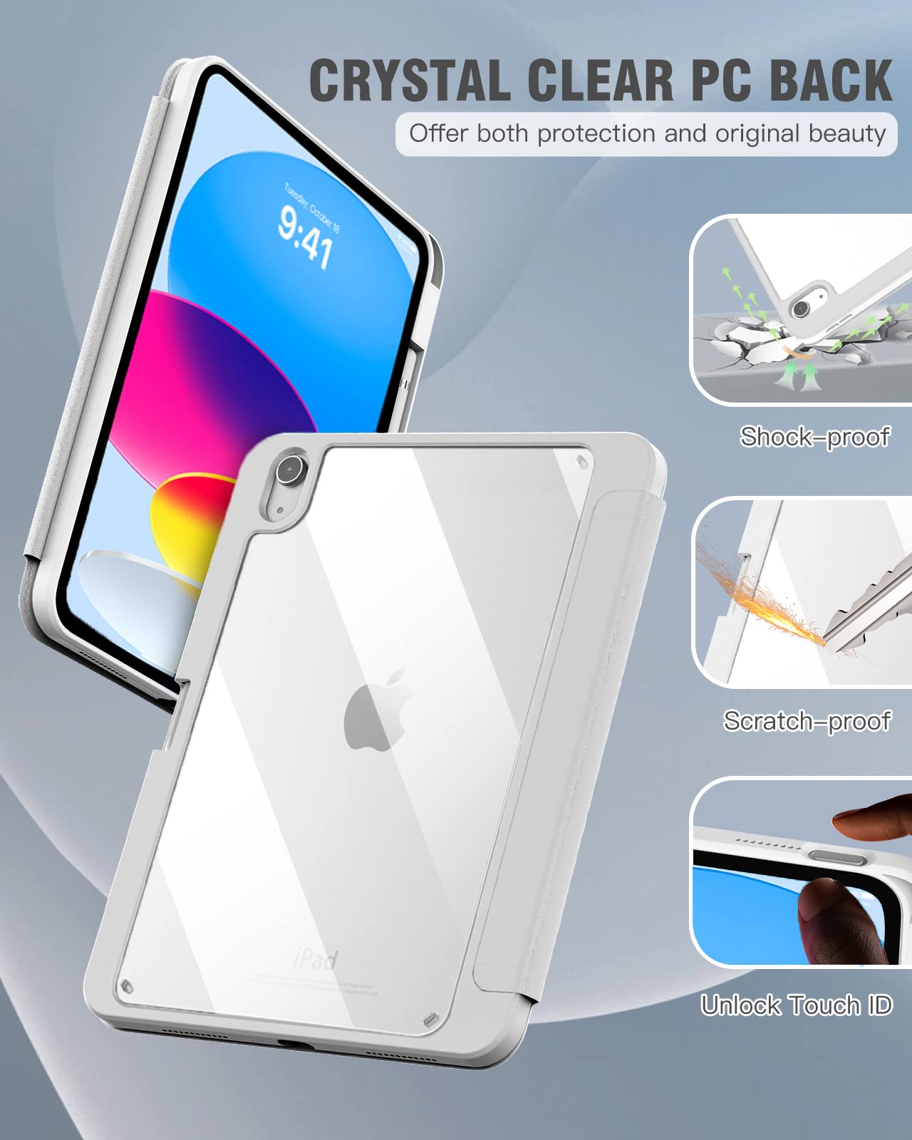 iPad 10th Case 10.9 Inch 2022 with Pencil Holder, Smart iPad Clear Case with Soft TPU Auto Wake Sleep Grey
