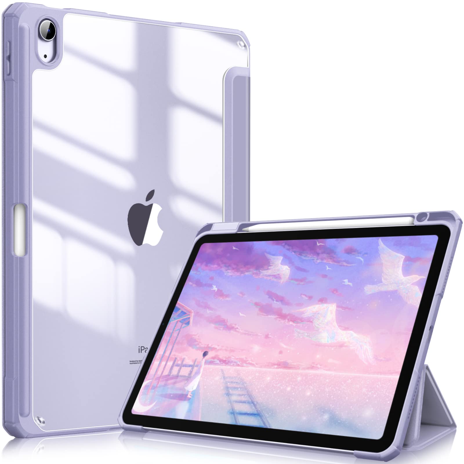 iPad 10th Case 10.9 Inch 2022 with Pencil Holder, Smart iPad Clear Case with Soft TPU Auto Wake Sleep Lavender