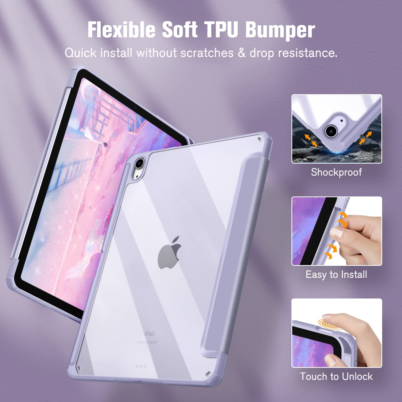 iPad 10th Case 10.9 Inch 2022 with Pencil Holder, Smart iPad Clear Case with Soft TPU Auto Wake Sleep Lavender