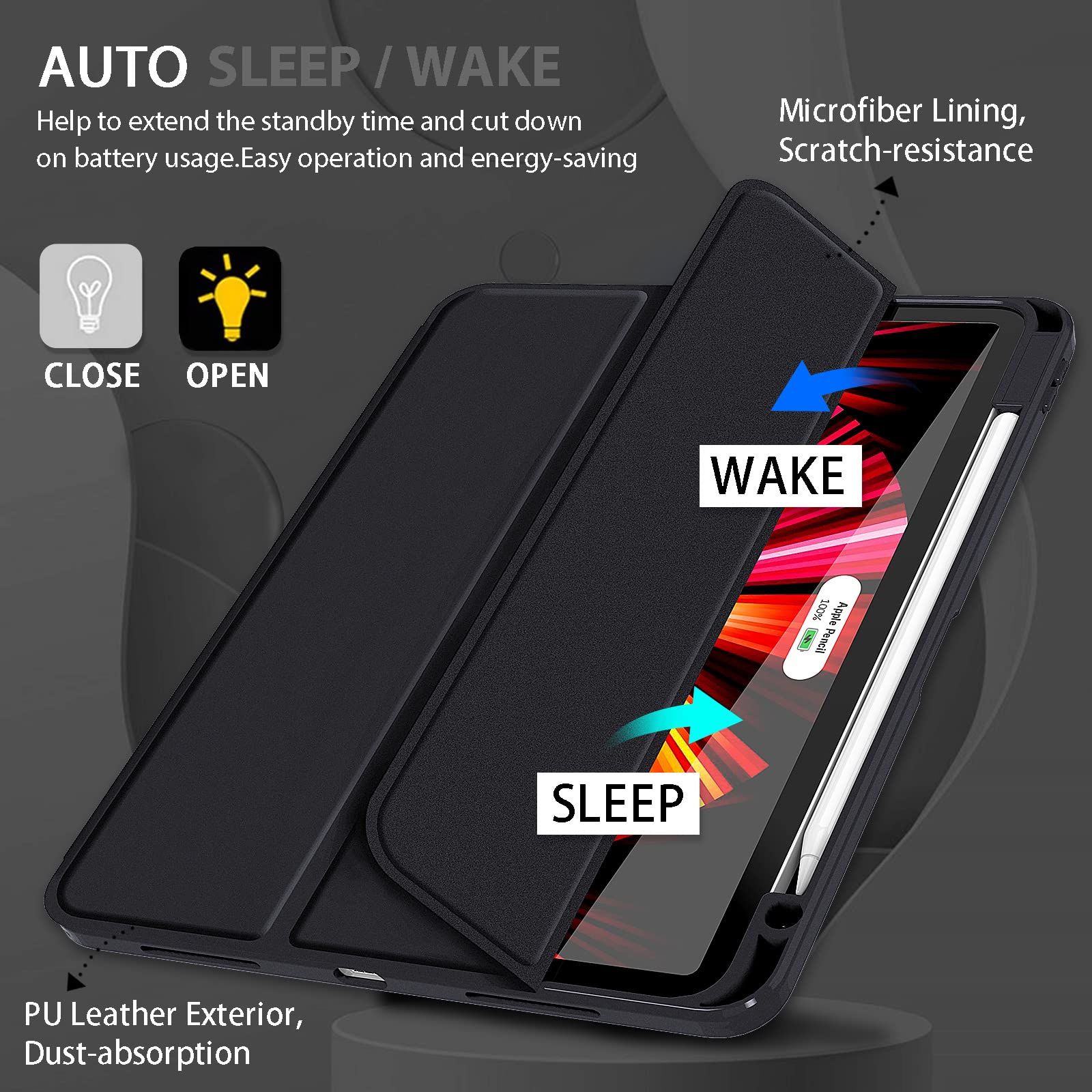 iPad Pro 11 Inch 2020-2022 Soft Tpu Smart Premium Case Auto Sleep Wake Stand Clear Cover Pencil holder Black