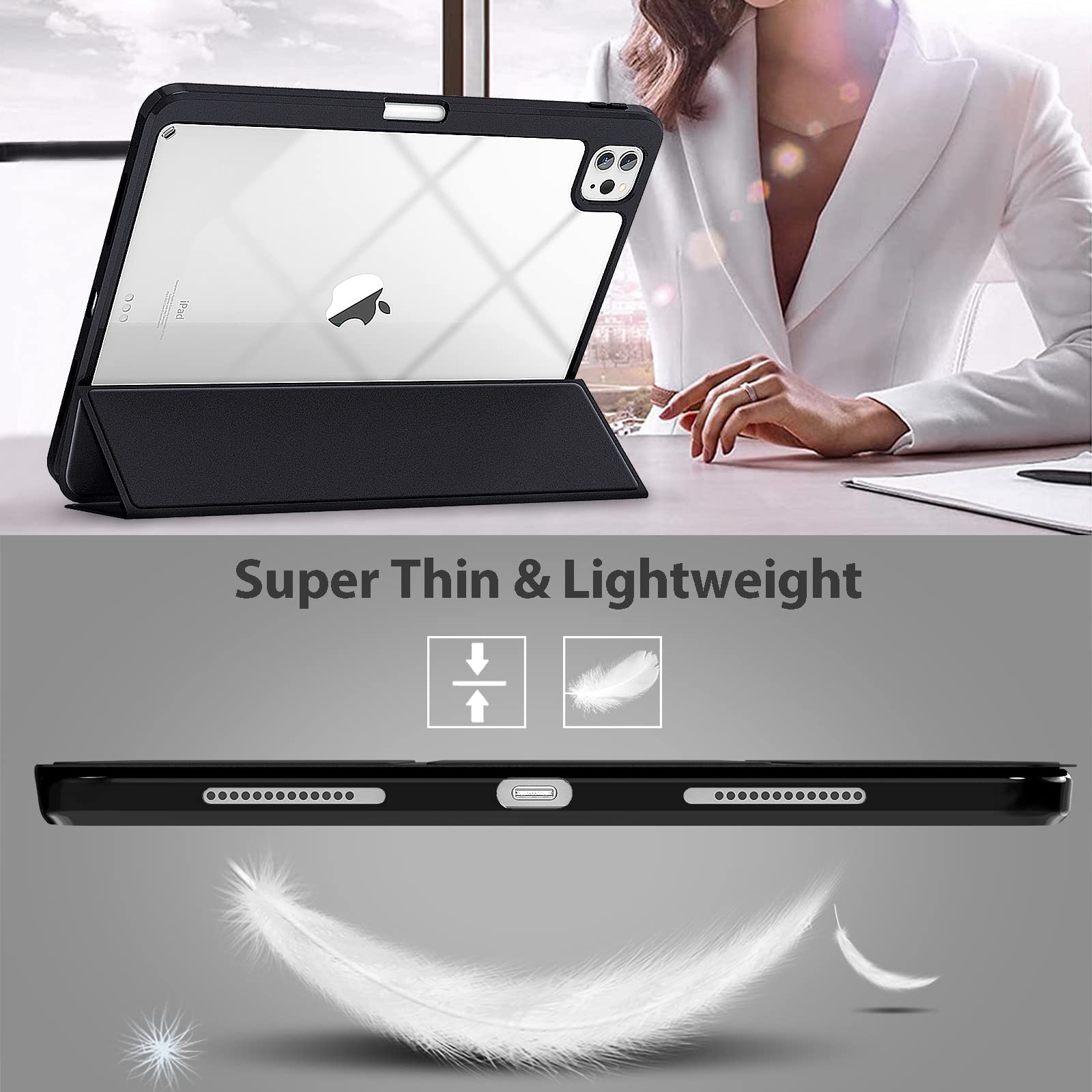 iPad Pro 11 Inch 2020-2022 Soft Tpu Smart Premium Case Auto Sleep Wake Stand Clear Cover Pencil holder Black