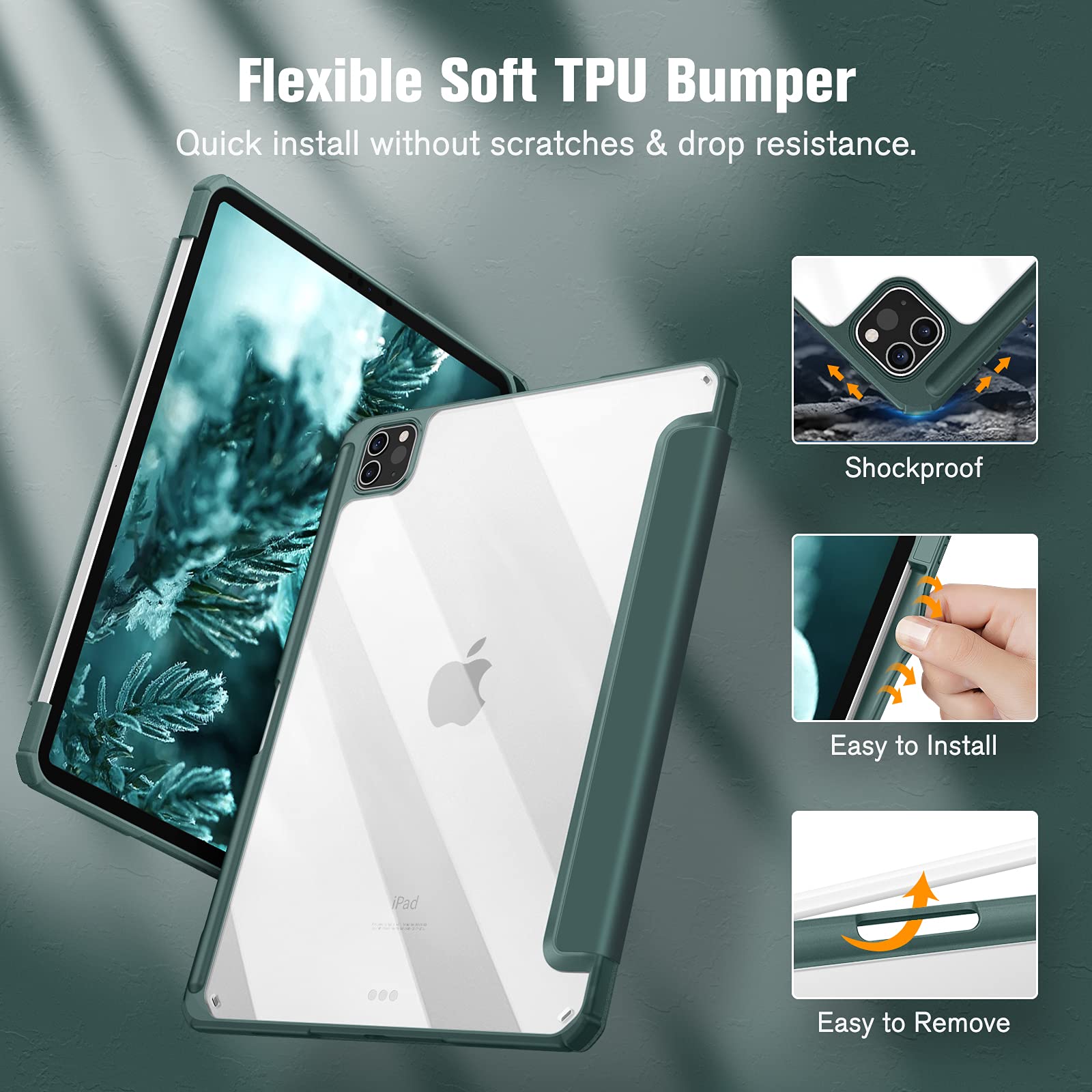 iPad Pro 11 Inch 2020-2022 Soft Tpu Smart Premium Case Auto Sleep Wake Stand Clear Cover Pencil holder Dark Green