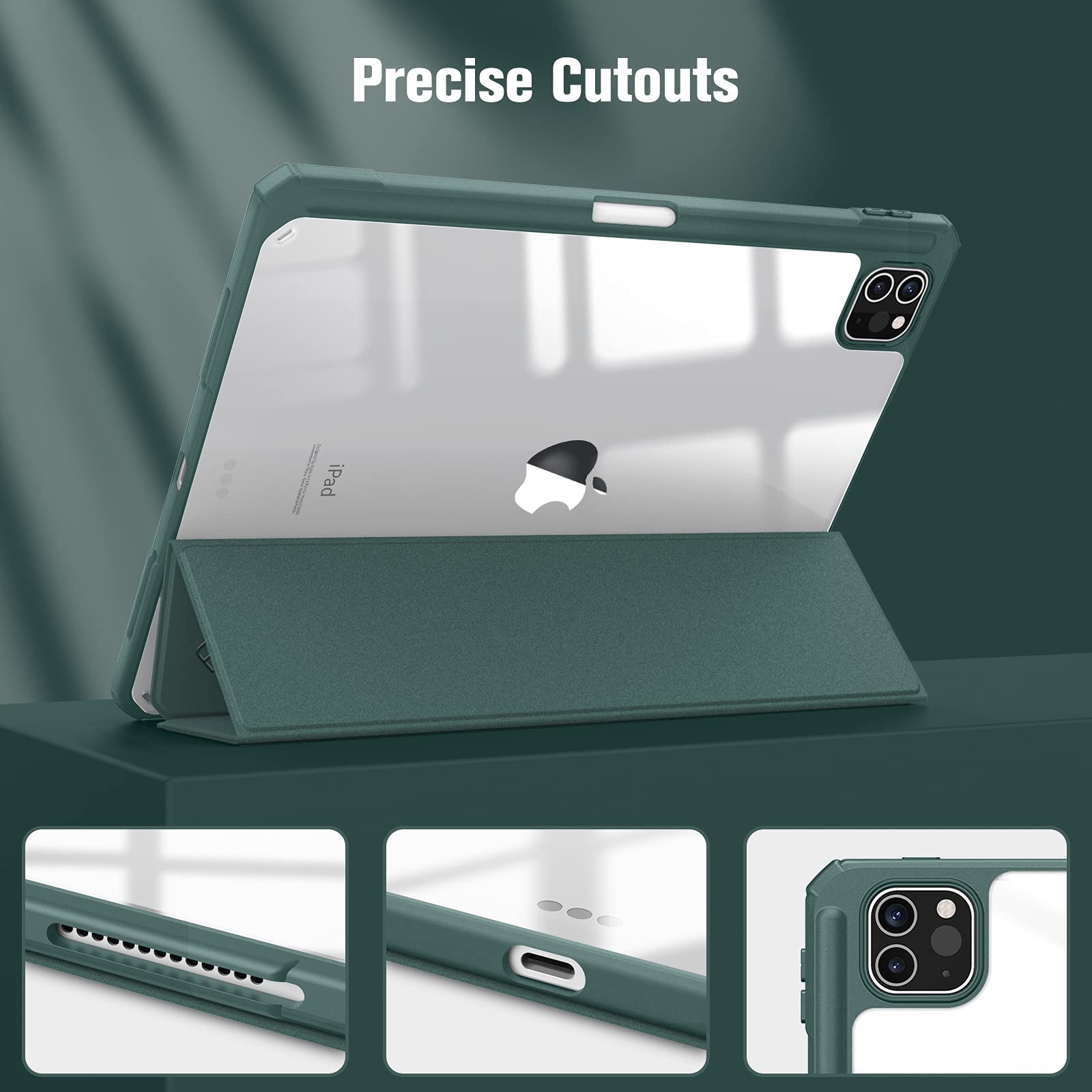 iPad Pro 11 Inch 2020-2022 Soft Tpu Smart Premium Case Auto Sleep Wake Stand Clear Cover Pencil holder Dark Green
