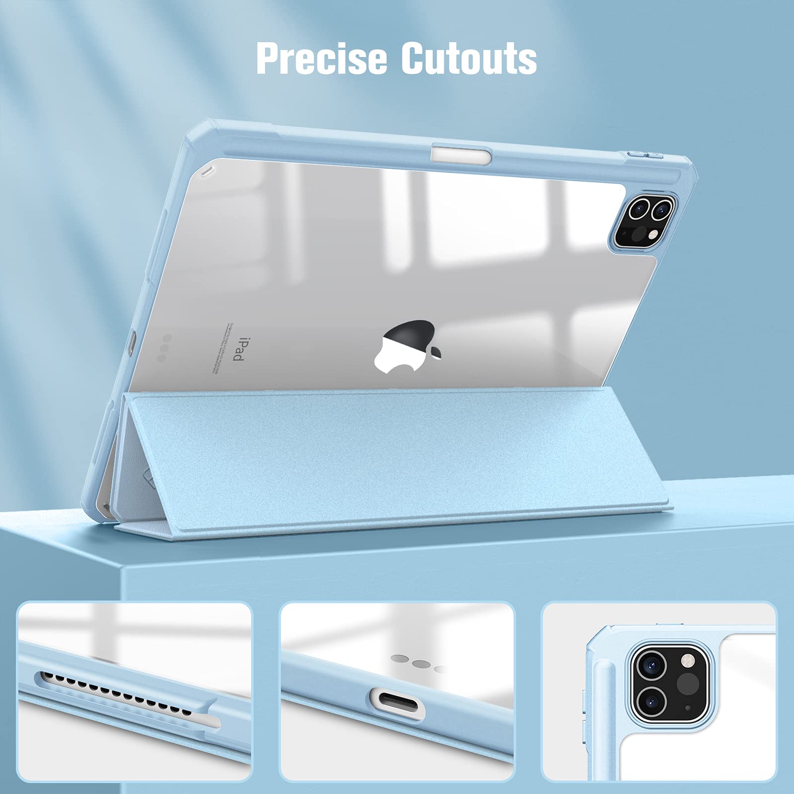 iPad Pro 11 Inch 2020-2022 Soft Tpu Smart Premium Case Auto Sleep Wake Stand Clear Cover Pencil holder ice blue