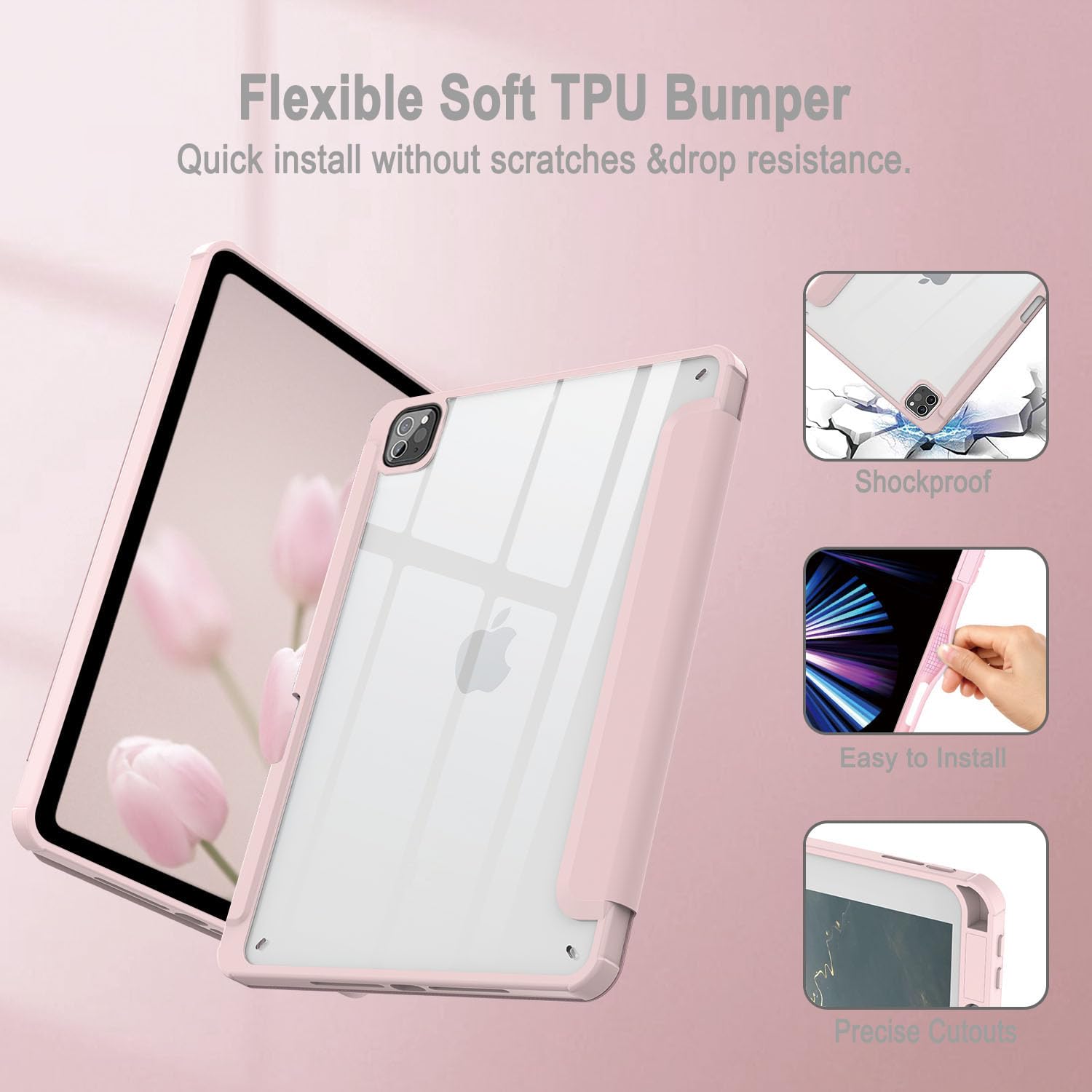 iPad Pro 11 Inch 2020-2022 Soft Tpu Smart Premium Case Auto Sleep Wake Stand Clear Cover Pencil holder Pink
