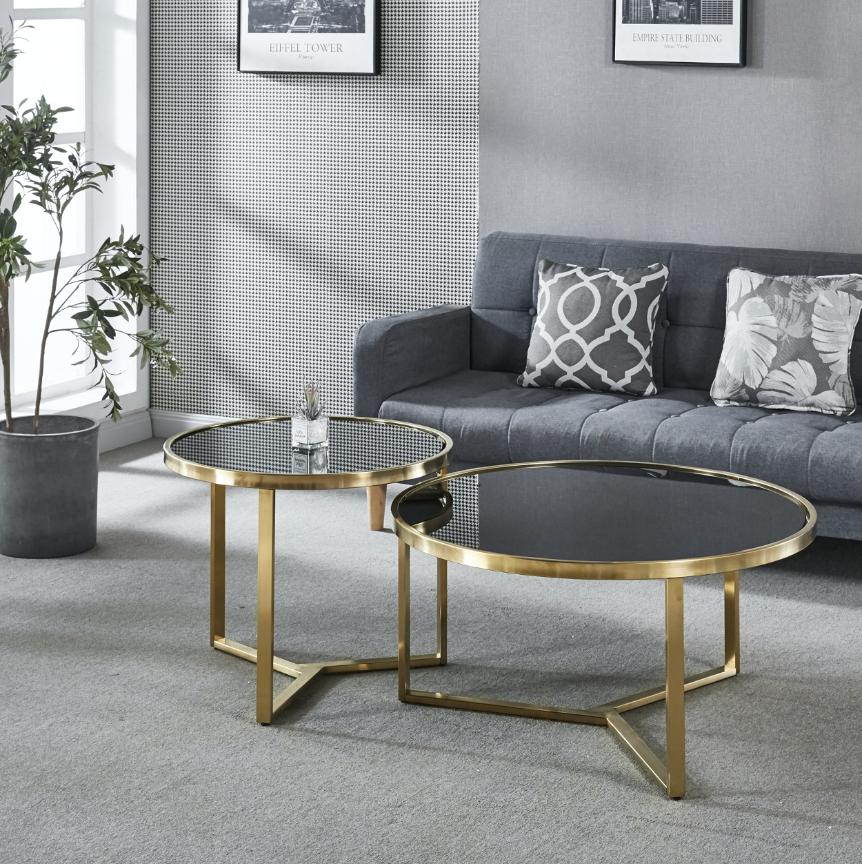 Interior Ave - Designer Giselle Black Glass & Brushed Gold Coffee Table Set