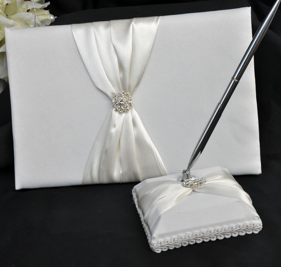 White Wedding Guest Book Register with Silver Pen Matching Stand Set 36 Lined Pages - Ivory Sach Ribbon Cover