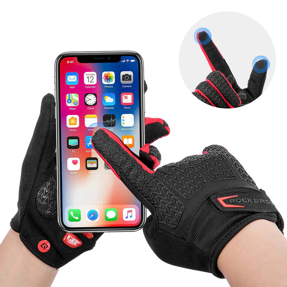 Full Finger MTB Gloves XL Size for Mountain Road Bike Breathable Red Rockbros Unisex Device Friendly Finger Material Anti Slip