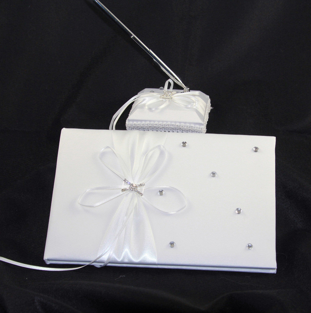 White Wedding Guest Book Register with Silver Pen Matching Stand Set 36 Lined Pages - White Ribbon and Diamante Bow Cover