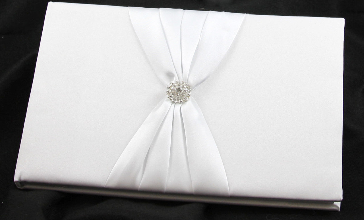 White Wedding Guest Book Register with Silver Pen Matching Stand Set 36 Lined Pages - White Sach Diamante Cover