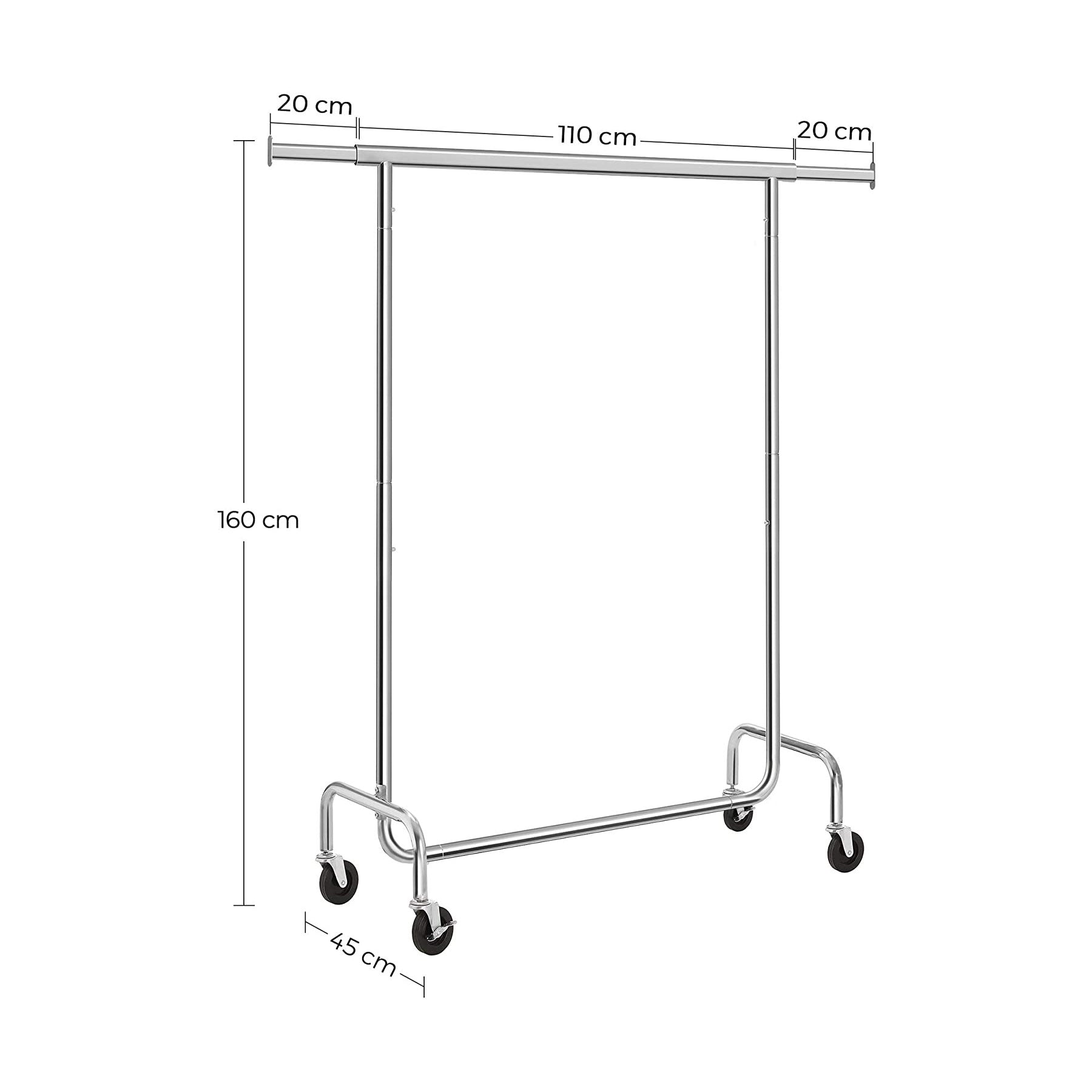 SONGMICS Clothes Garment Rack Heavy Duty Maximum Capacity 136 kg Clothing Rack on Wheels All Metal Chrome Extendable