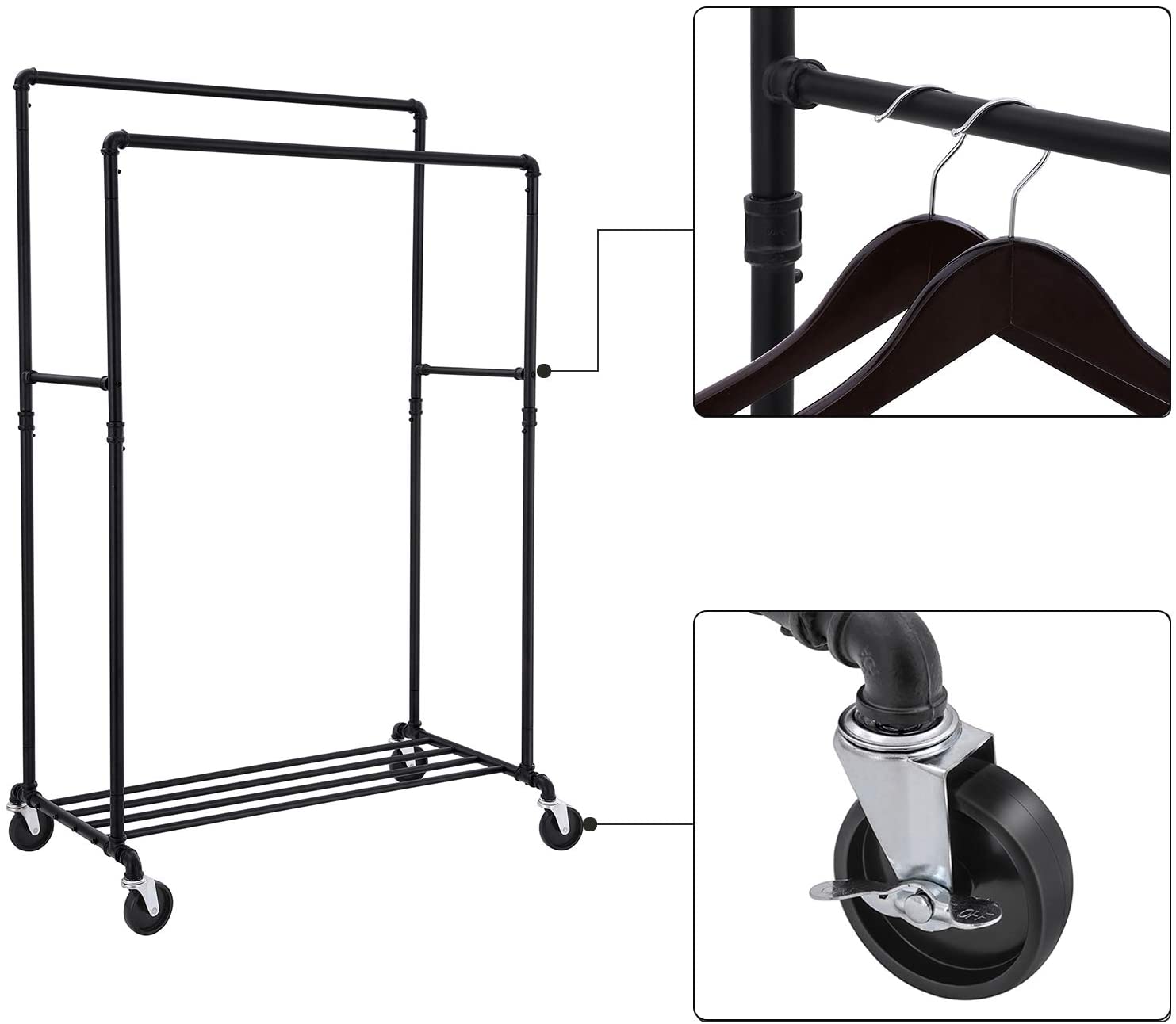 SONGMICS Industrial Pipe with Double Hanging Rail Clothes Rack on Wheels load of 110 Kg