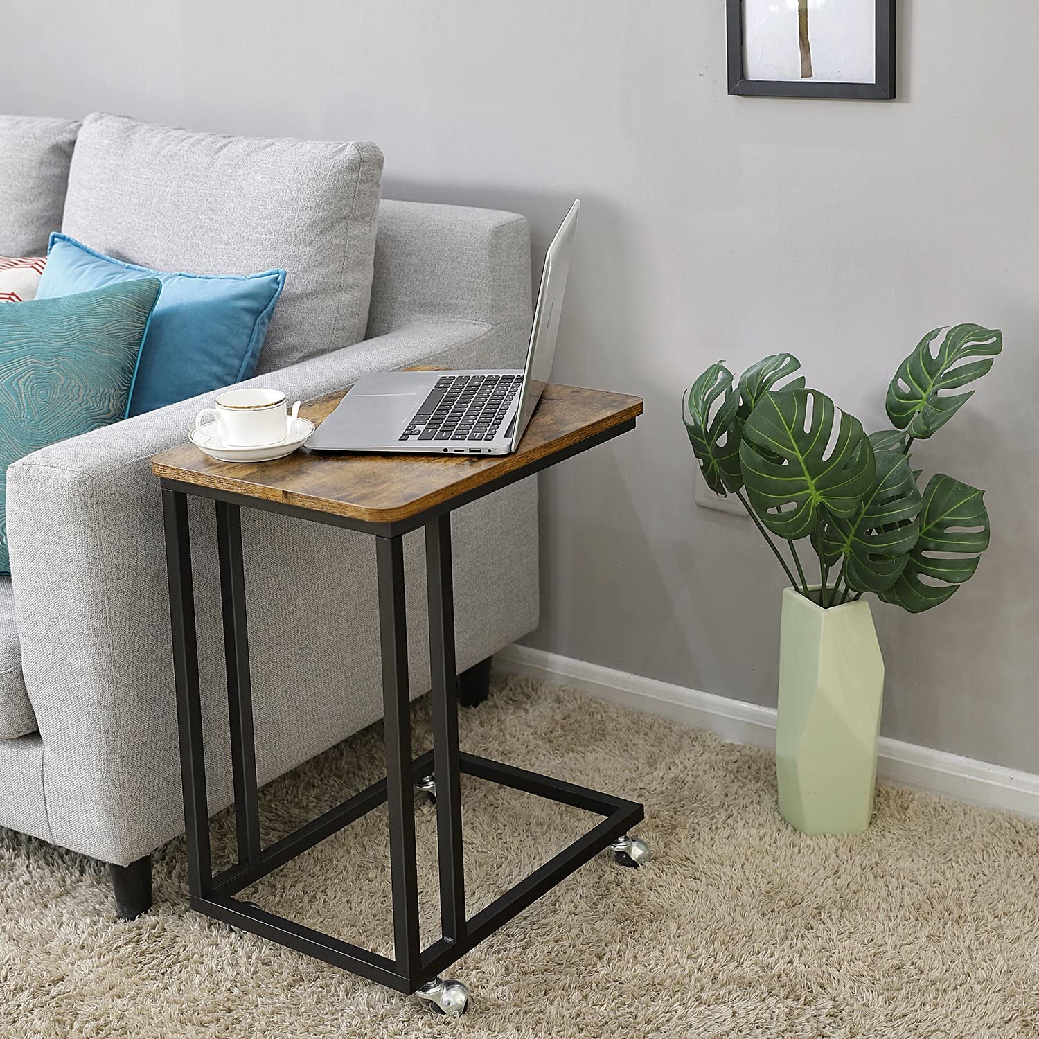 VASAGLE C-Shaped End Table with Steel Frame and Castors