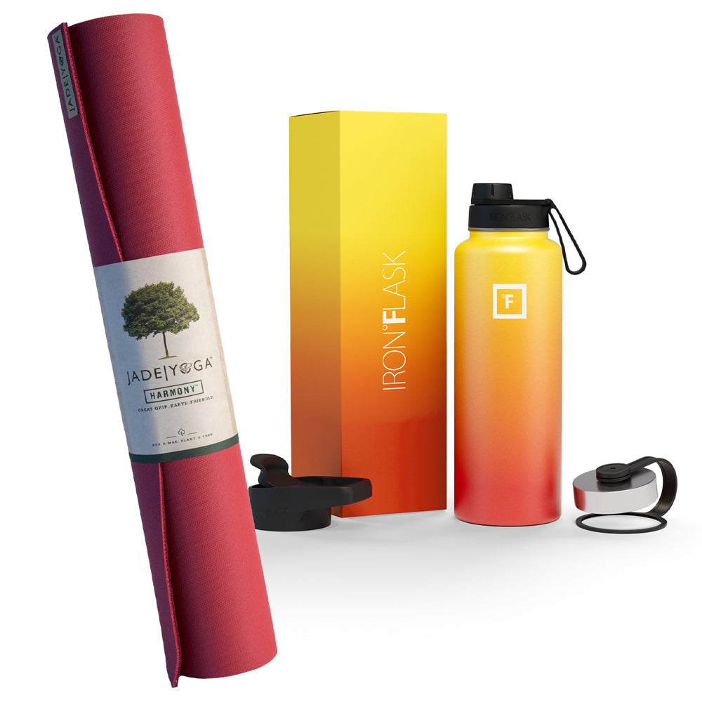 Jade Yoga Harmony Mat - Raspberry & Iron Flask Wide Mouth Bottle with Spout Lid, Fire, 40oz/1200ml Bundle