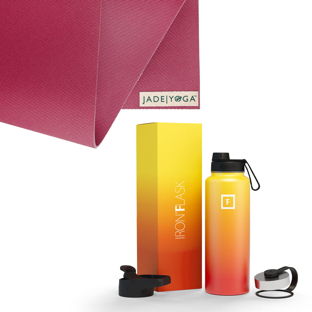 Jade Yoga Harmony Mat - Raspberry & Iron Flask Wide Mouth Bottle with Spout Lid, Fire, 40oz/1200ml Bundle