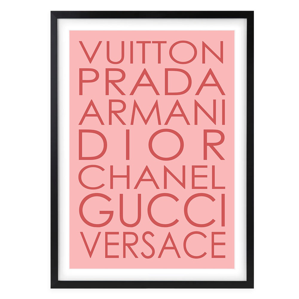 Wall Art's Fashion Names Pink On Pink Large 105cm x 81cm Framed A1 Art Print
