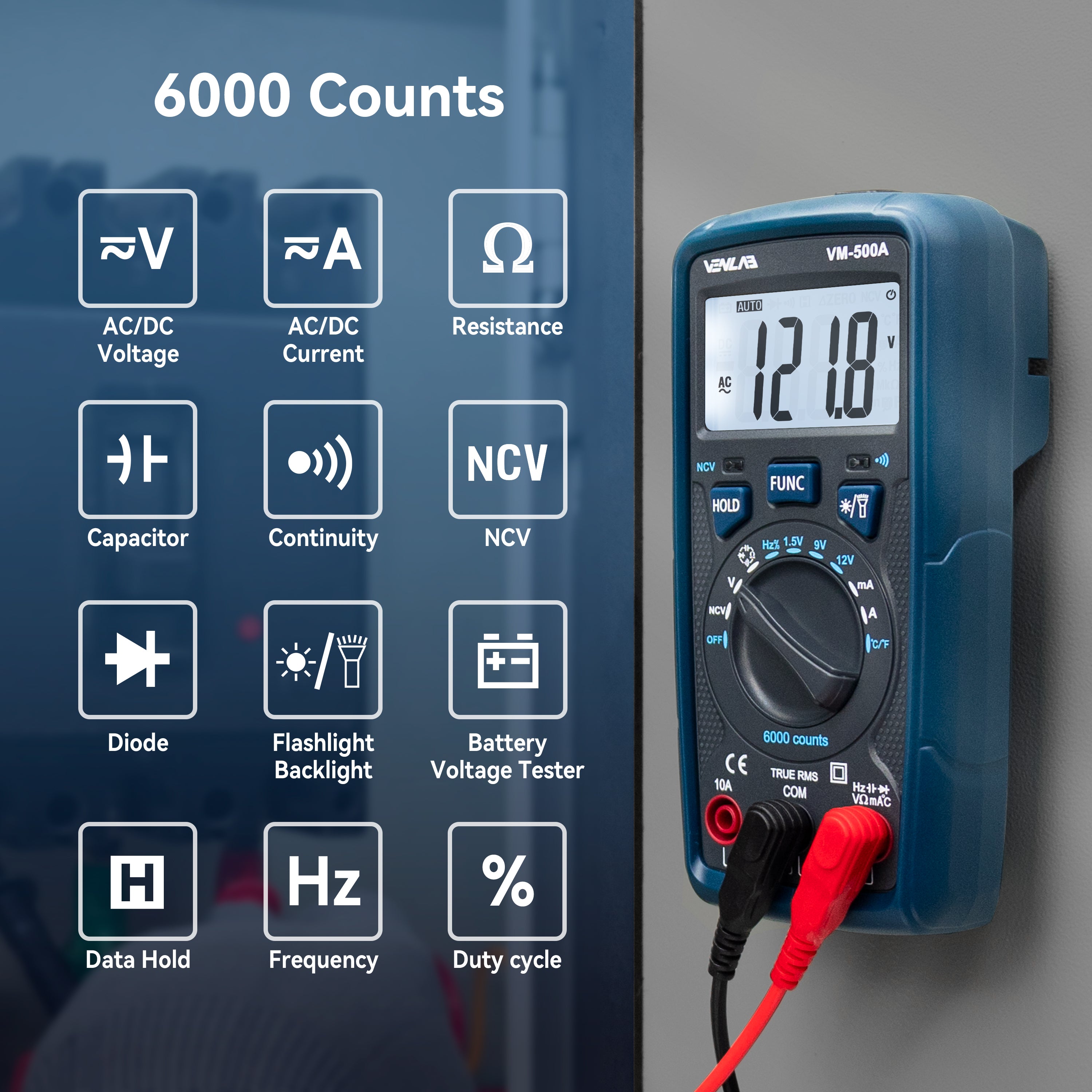 VENLAB Digital Multimeter VM500A TRMS 6000 Counts Volt Ohm Amp Continuity Meter