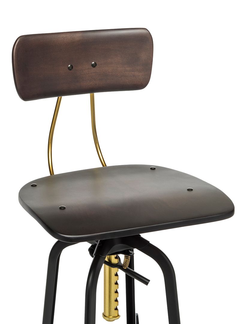 Industrial Wooden Height Adjustable Swivel Bar Stool Chair with Back - Gold Black