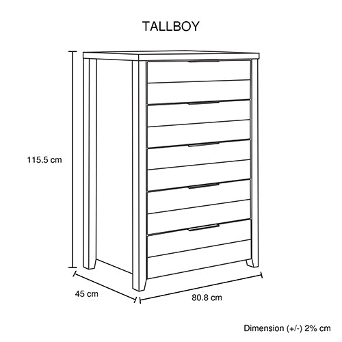 5 Pieces Bedroom Suite Natural Wood Like MDF Structure King Size Oak Colour Bed, Bedside Table, Tallboy & Dresser