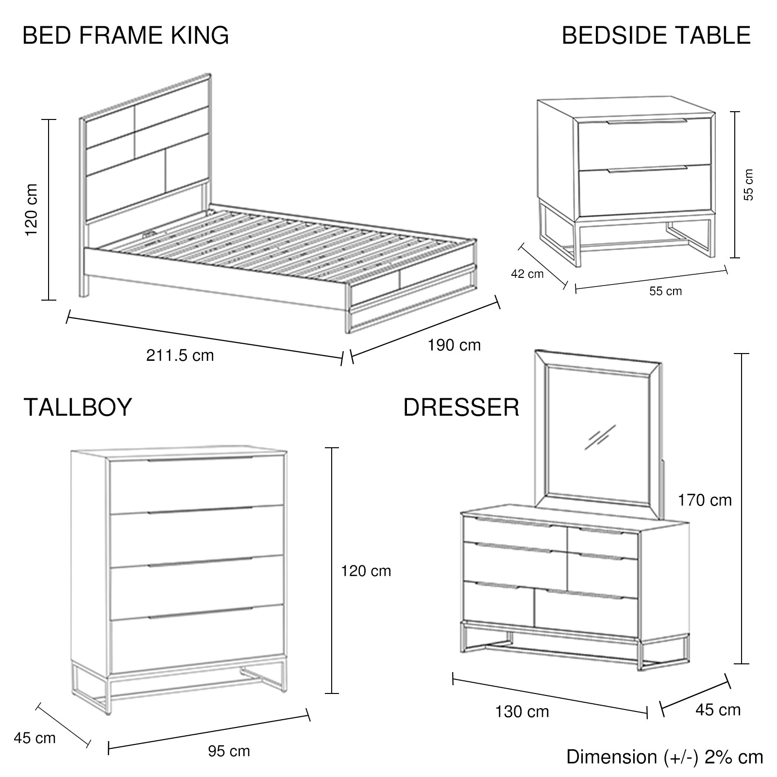 5 Pieces Bedroom Suite made in Solid Wood Acacia Veneered King Size Oak Colour Bed, Bedside Table, Tallboy & Dresser