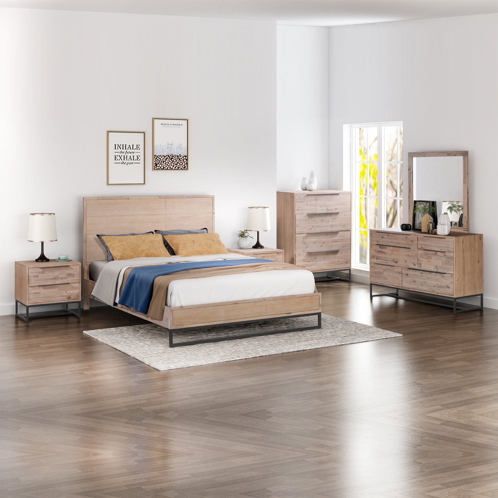 5 Pieces Bedroom Suite made in Solid Wood Acacia Veneered Queen Size Oak Colour Bed, Bedside Table, Tallboy & Dresser