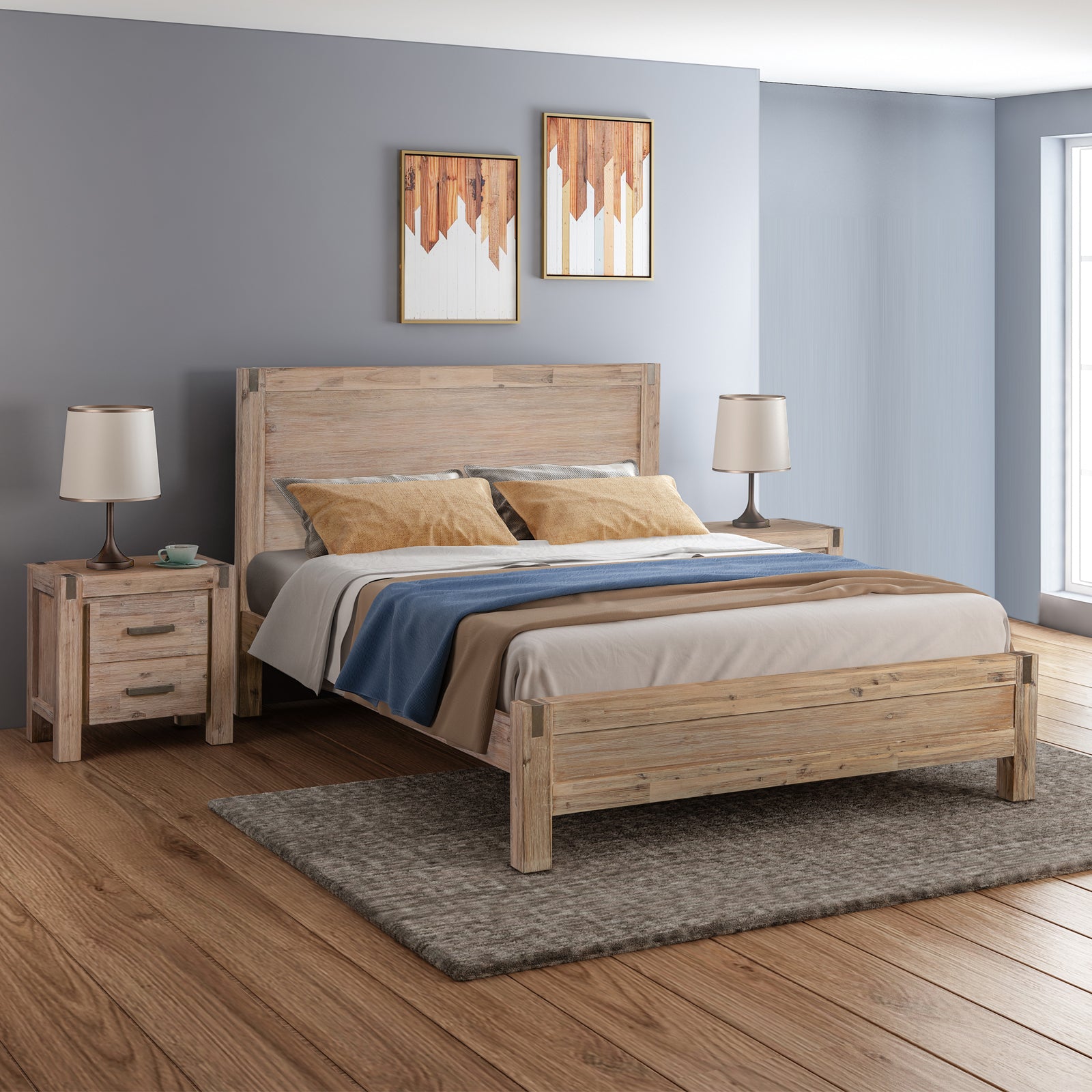 3 Pieces Bedroom Suite in Solid Wood Veneered Acacia Construction Timber Slat Queen Size Oak Colour Bed, Bedside Table