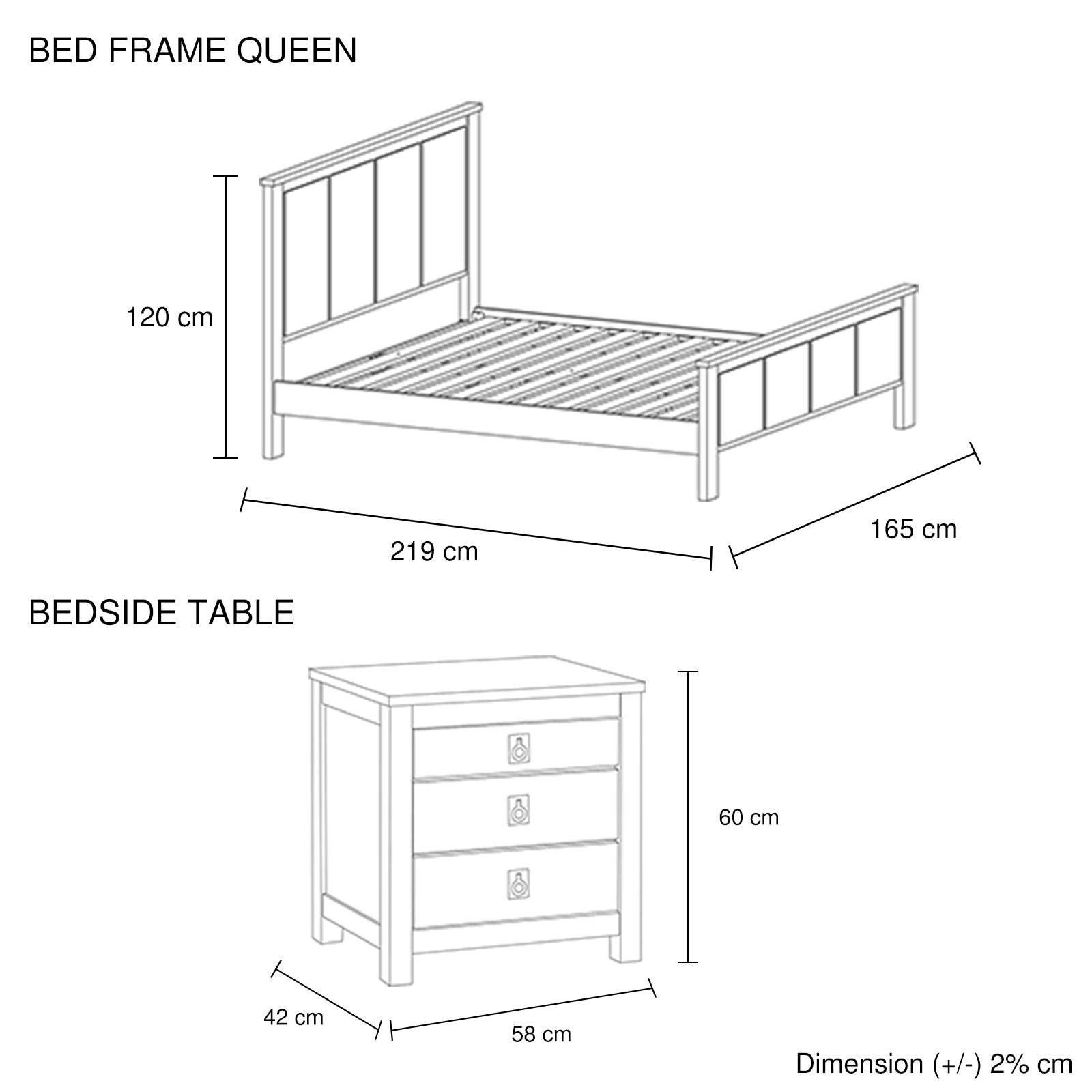 3 Pieces Bedroom Suite with Solid Acacia Wood Veneered Construction in Queen Size White Ash Colour Bed, Bedside Table