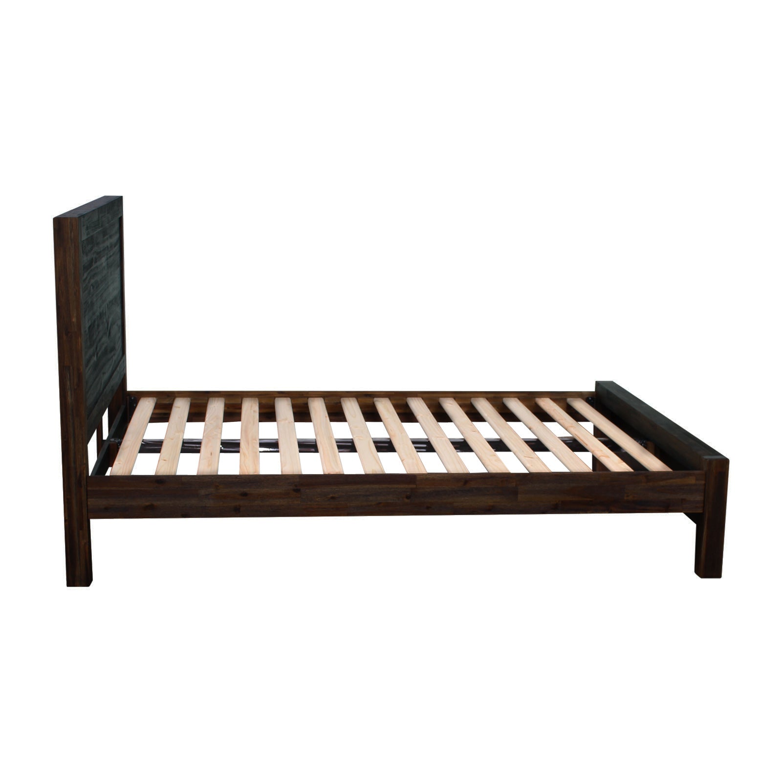 3 Pieces Bedroom Suite in Solid Wood Veneered Acacia Construction Timber Slat Double Size Chocolate Colour Bed, Bedside Table