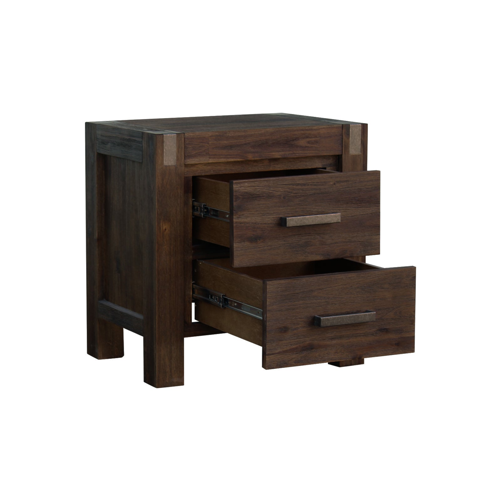 3 Pieces Bedroom Suite in Solid Wood Veneered Acacia Construction Timber Slat Double Size Chocolate Colour Bed, Bedside Table