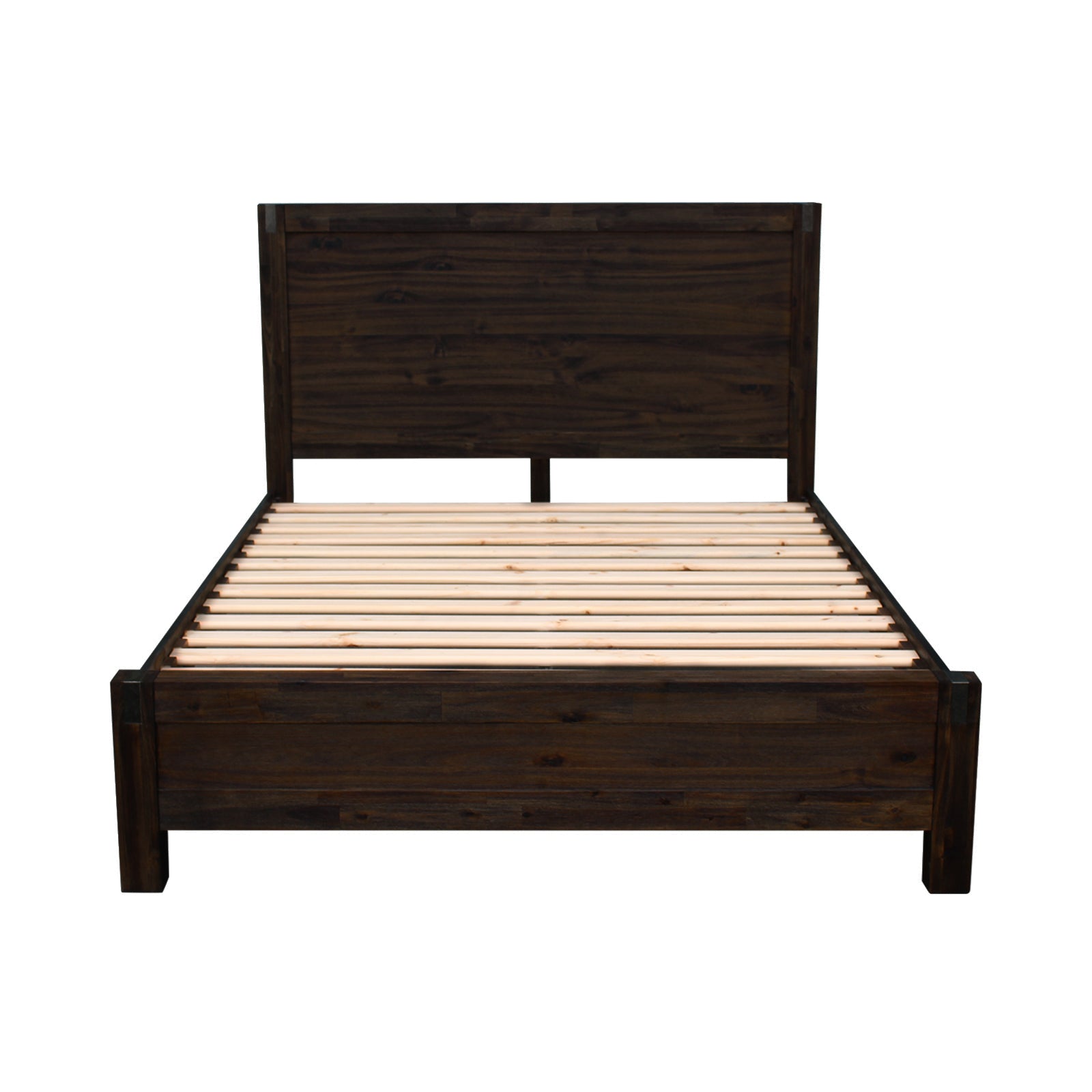 3 Pieces Bedroom Suite in Solid Wood Veneered Acacia Construction Timber Slat King Size Chocolate Colour Bed, Bedside Table