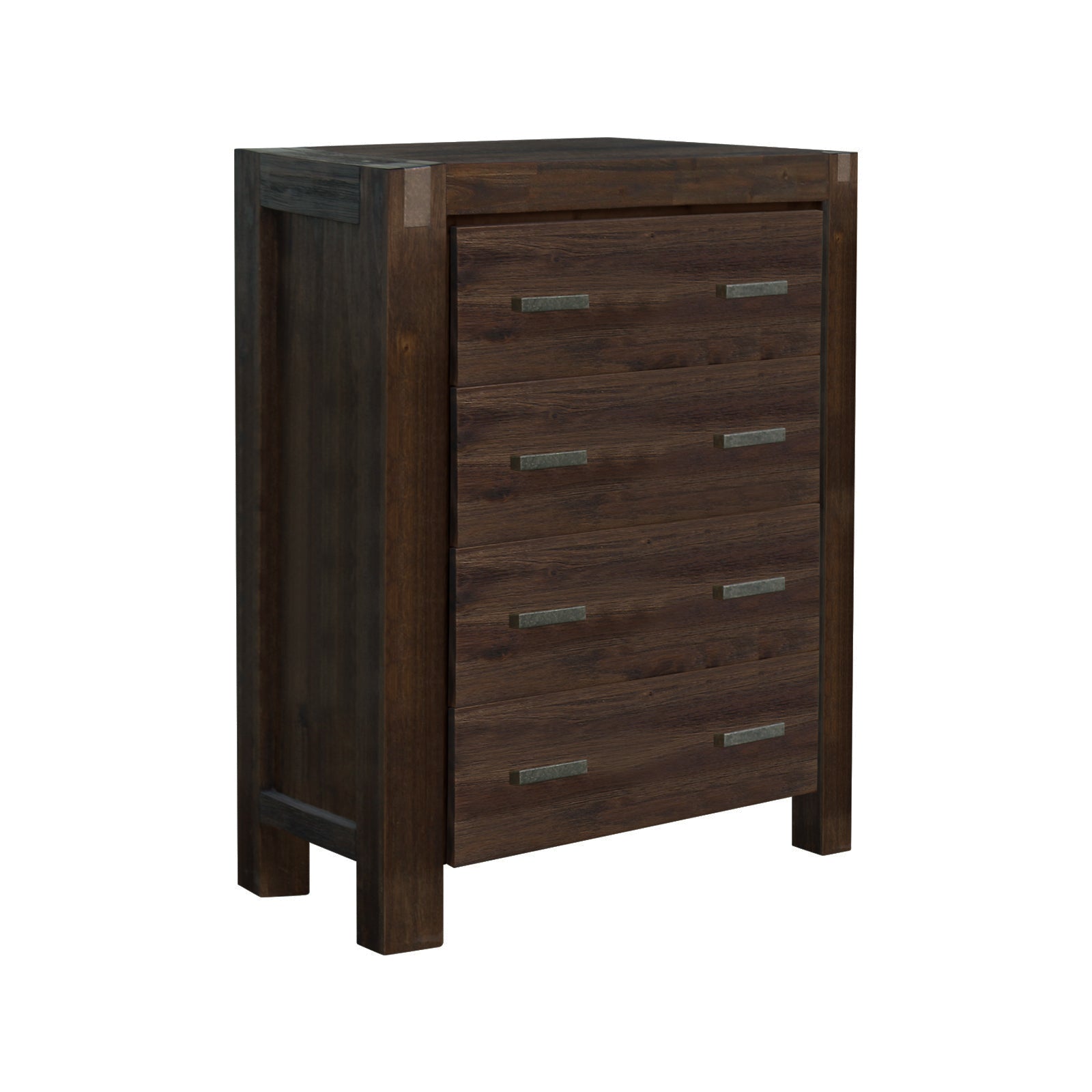 5 Pieces Bedroom Suite in Solid Wood Veneered Acacia Construction Timber Slat Double Size Chocolate Colour Bed, Bedside Table, Tallboy & Dresser