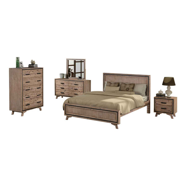 4 Pieces Bedroom Suite King Size Silver Brush in Acacia Wood Construction Bed, Bedside Table & Tallboy