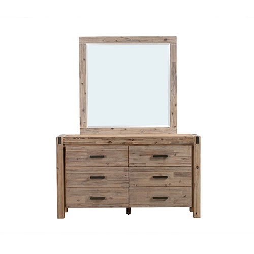 Dresser with 6 Storage Drawers in Solid Acacia & Veneer With Mirror in Oak Colour