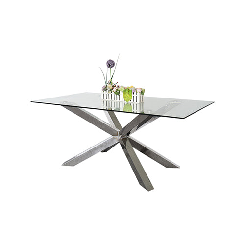 Dining Table in Crisscross Shaped High Glossy Stainless Steel Base with 12mm Tempered Glass Top