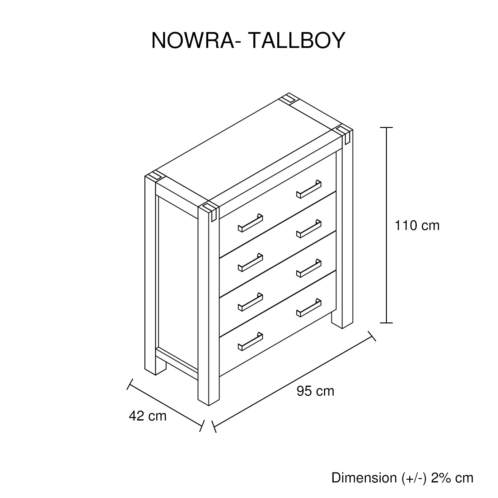 Tallboy with 4 Storage Drawers Solid Wooden Assembled in Chocolate Colour