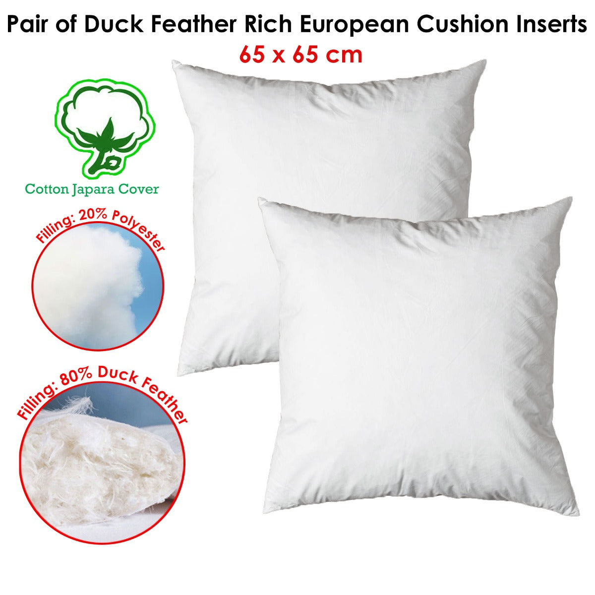 Pair of Duck Feather Rich Fill European Cushion Inserter 65 x 65 cm
