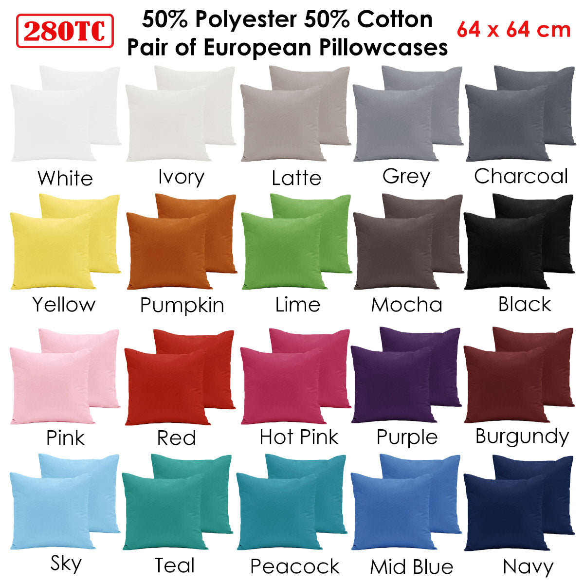 Pair of  280TC Polyester Cotton European Pillowcases Charcoal