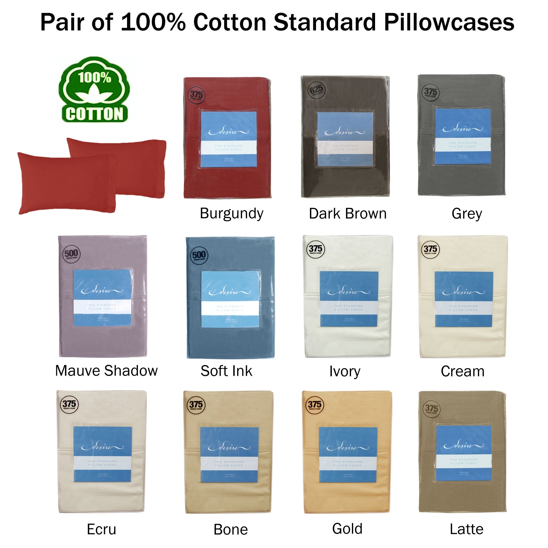 Pair of Cotton Standard Pillowcases 375TC Grey