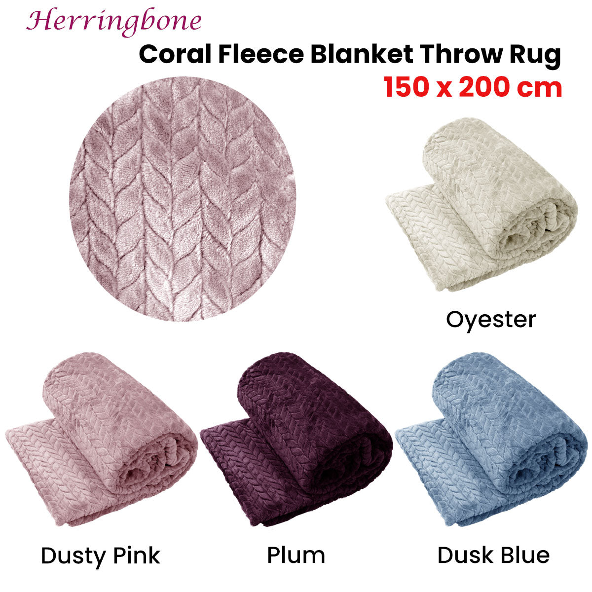 Herringbone Coral Fleece Blanket Throw Rug 150x200 cm Dusty Pink