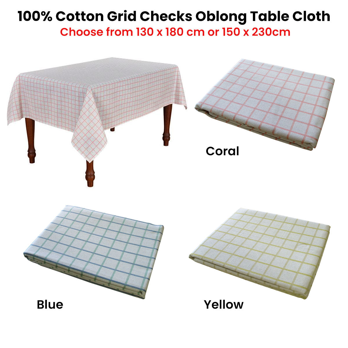 Cotton Grid Checks Oblong Table Cloth Coral 130 x 180cm