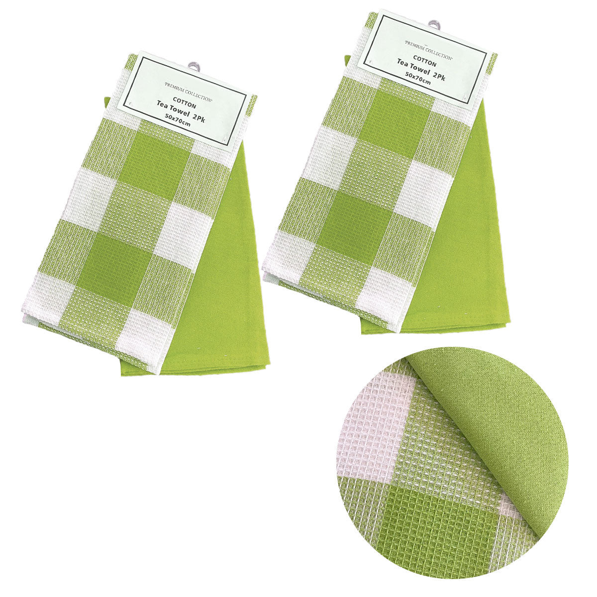 Set of 4 Cotton Waffle Checkered & Plain Dyed Tea Towels 50cm x 70cm Green