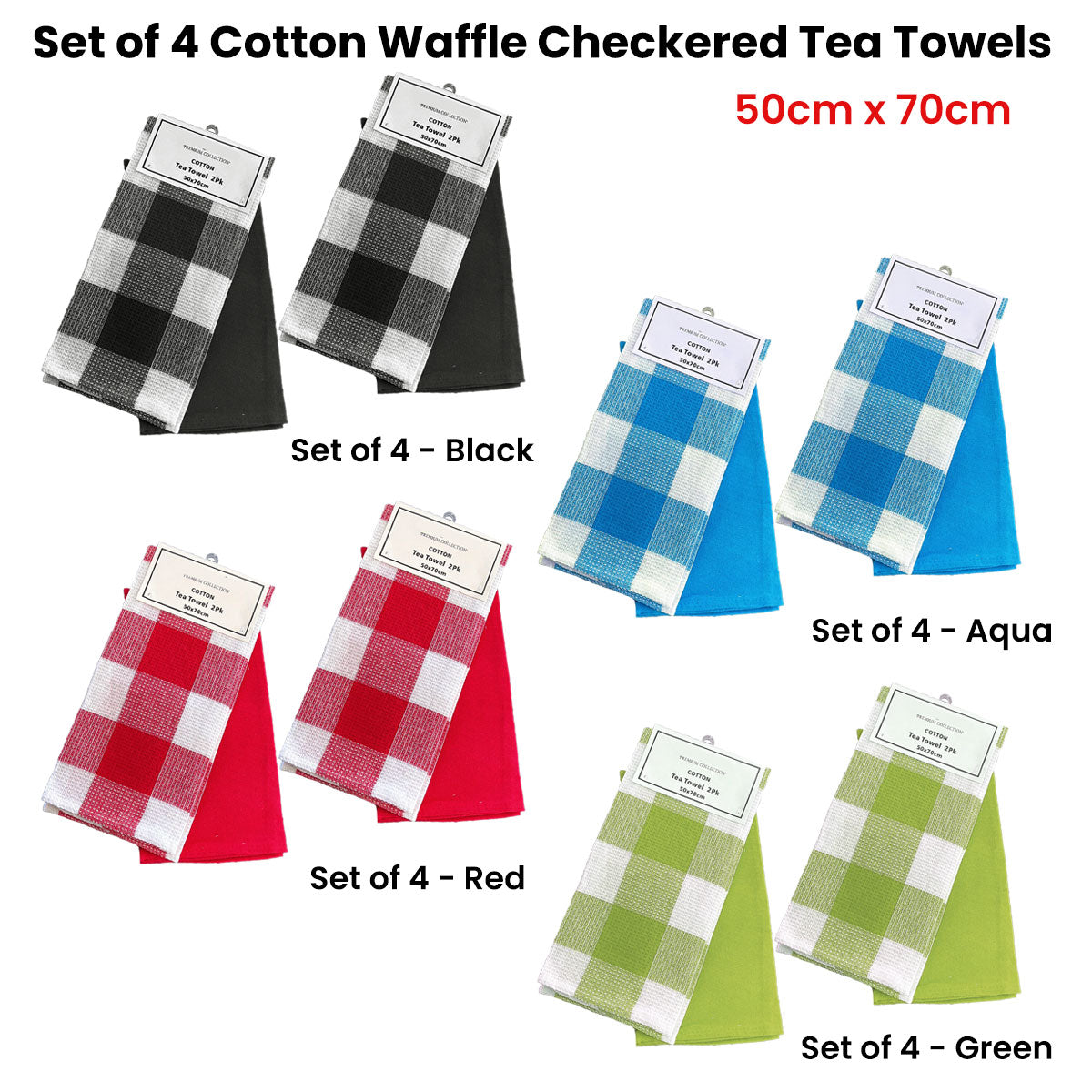 Set of 4 Cotton Waffle Checkered & Plain Dyed Tea Towels 50cm x 70cm Red