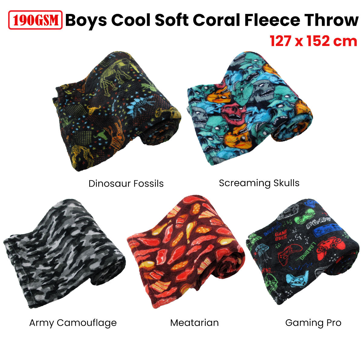 190GSM Boys Cool Ultra Soft Coral Fleece Throw 127 x 152cm Dinosaur Fossils