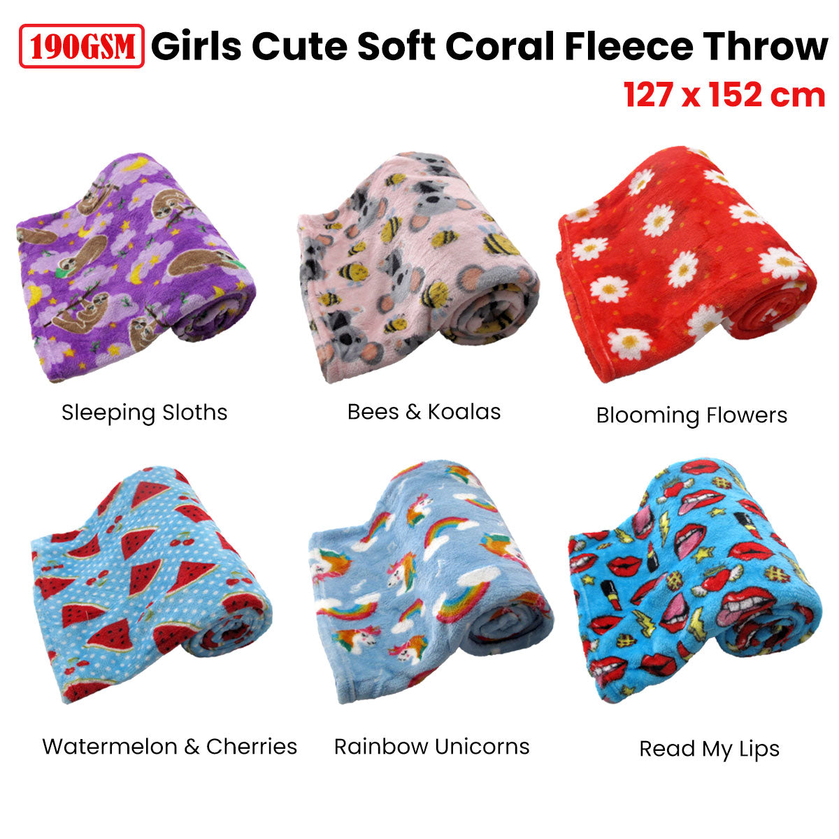 190GSM Girls Cute Ultra Soft Coral Fleece Throw 127 x 152cm Watermelon & Cherries